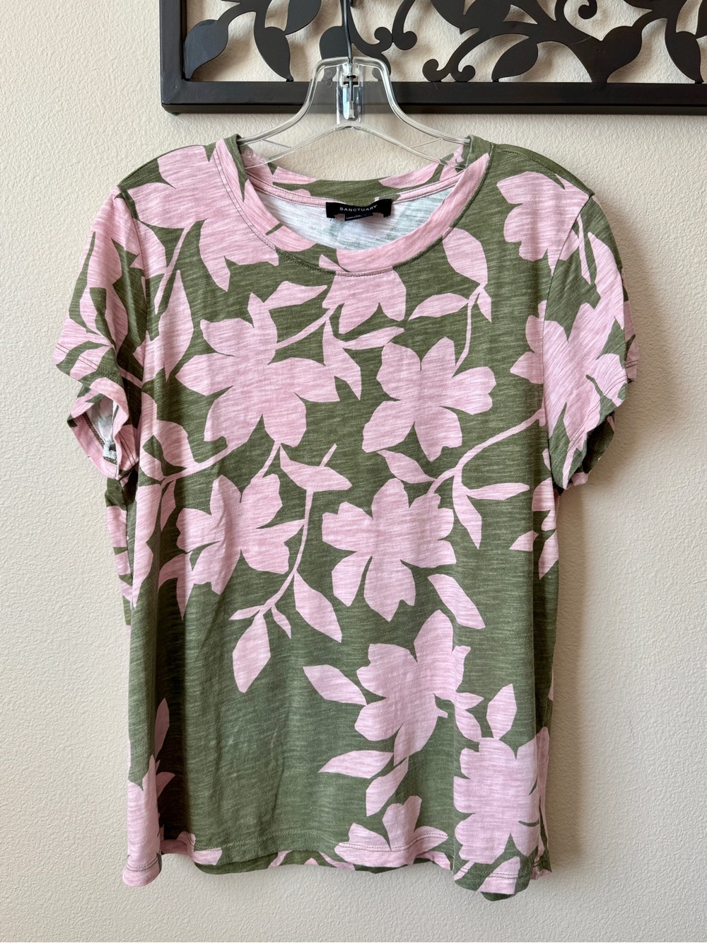 Sanctuary Olive Green Tee with Light Pink Floral Print